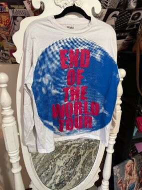 White Long Sleeve Tee with Blue Globe & Pink 'End of the World Tour' Print
